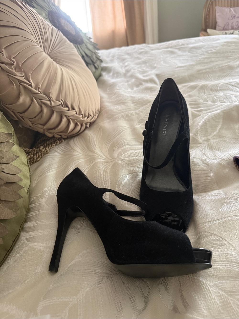 Nine West Black Suede Peep-Toe Mary Jane Platform Heels